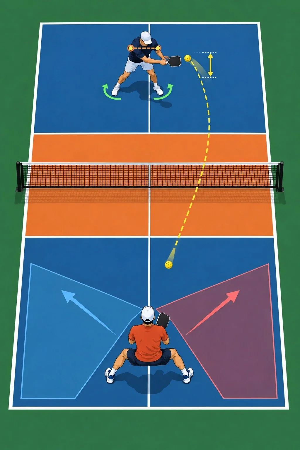 Diagrama aéreo de antecipação e zonas prováveis na quadra de pickleball