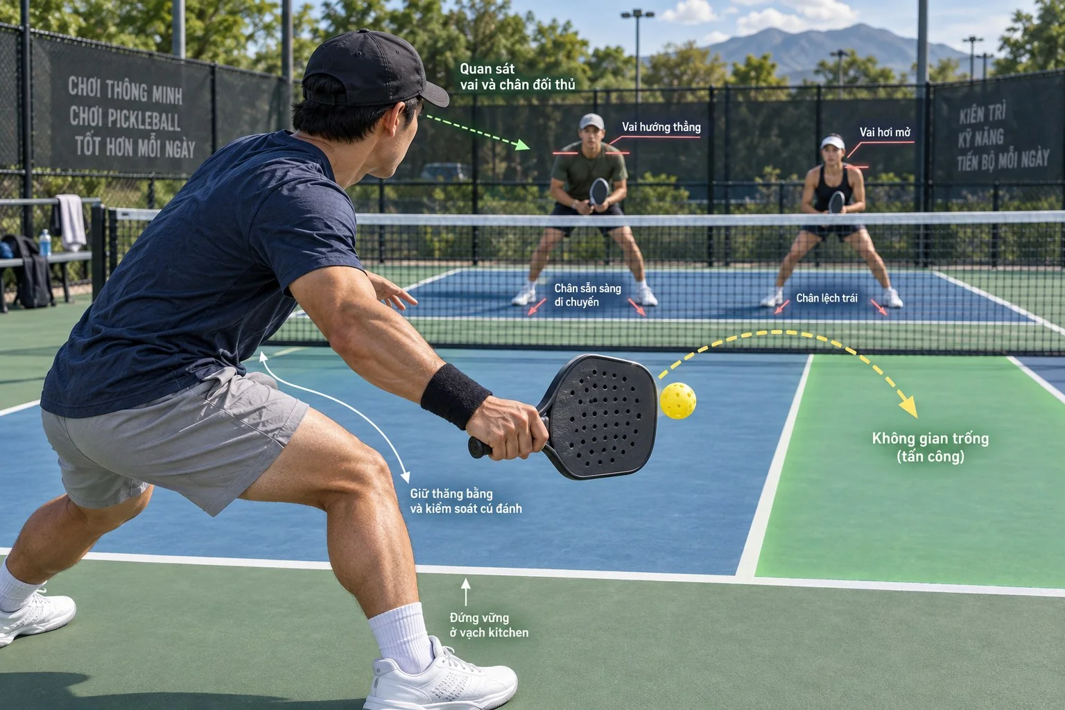 Cận cảnh người chơi pickleball quan sát chân và vai đối thủ trước khi đánh vào khoảng trống