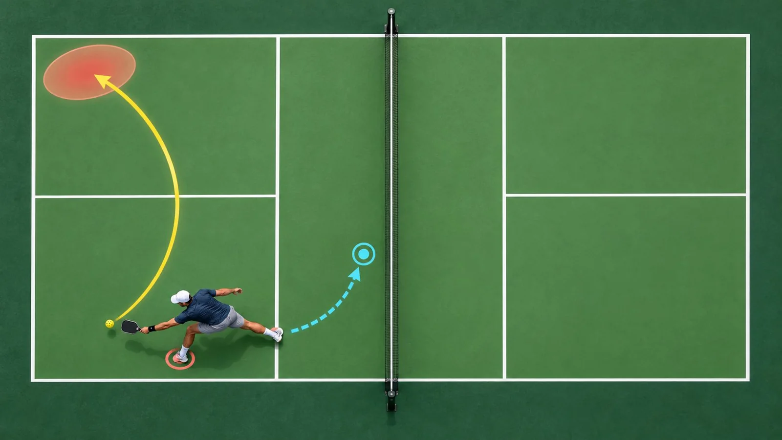 Overhead pickleball coaching diagram showing a lunge, braking point, and recovery path