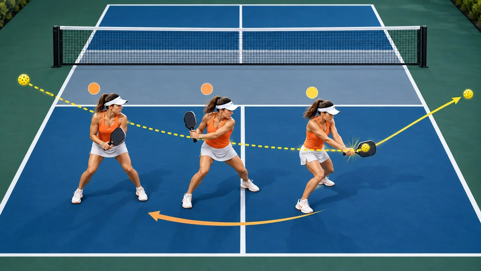 Overhead coaching diagram showing a two-handed backhand setup and recovery path