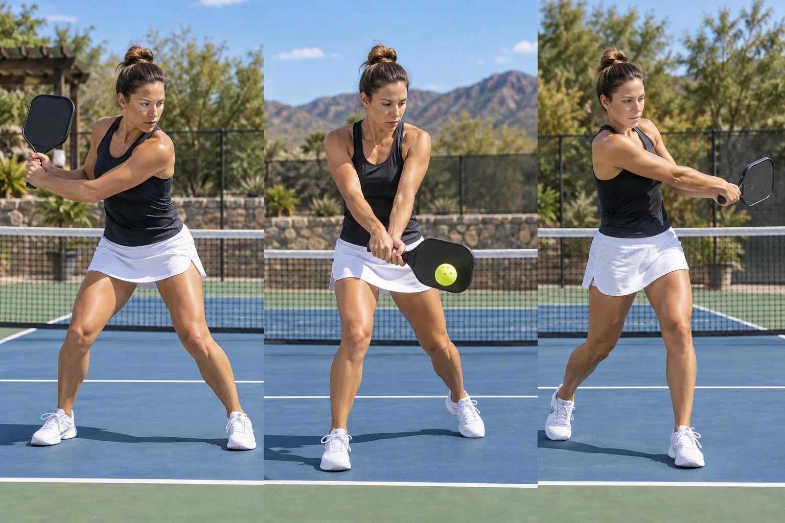 Instructional close-up showing stable two-handed backhand contact in front