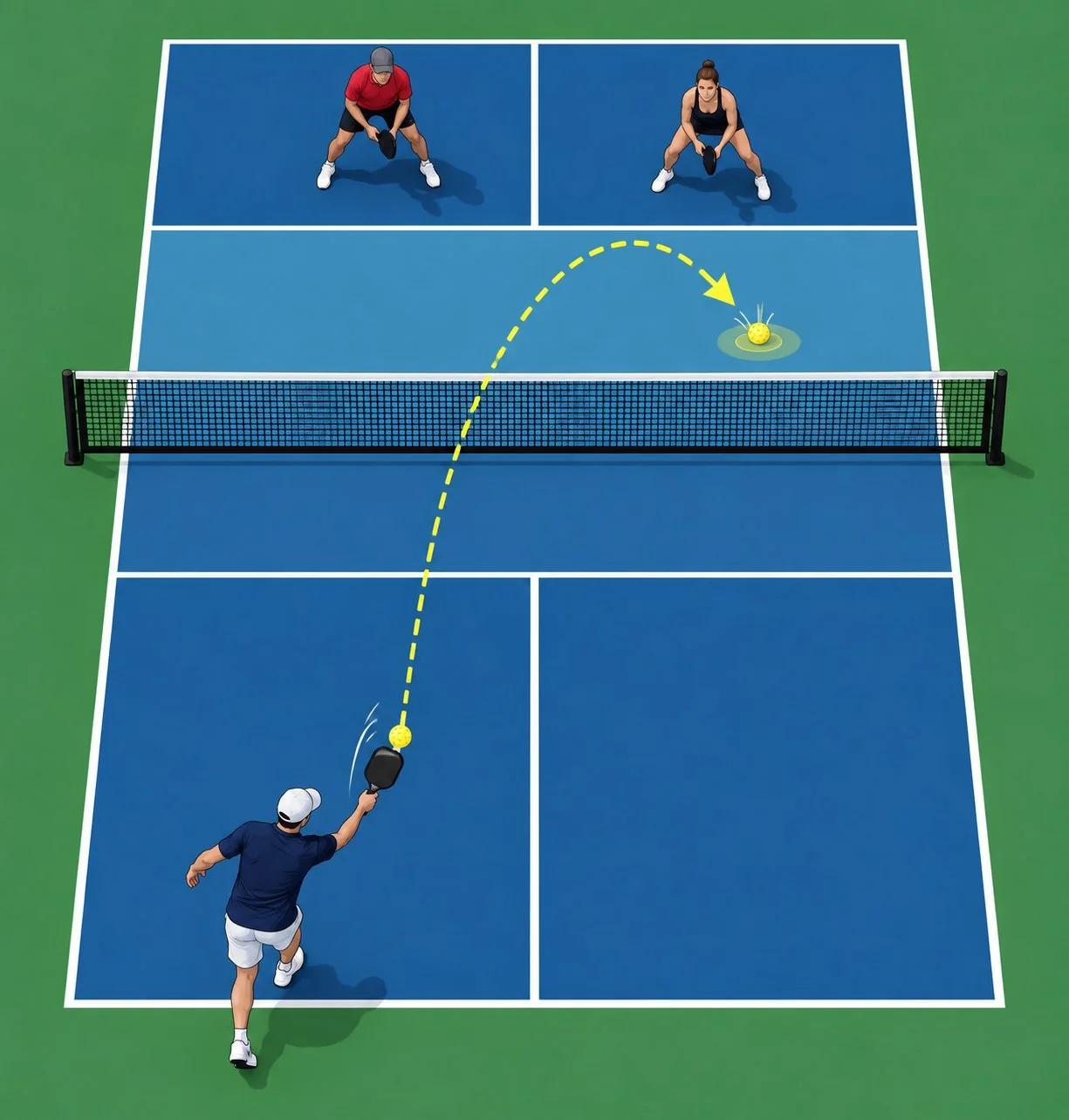 Overhead pickleball court showing a third-shot drop arc from the baseline into the kitchen