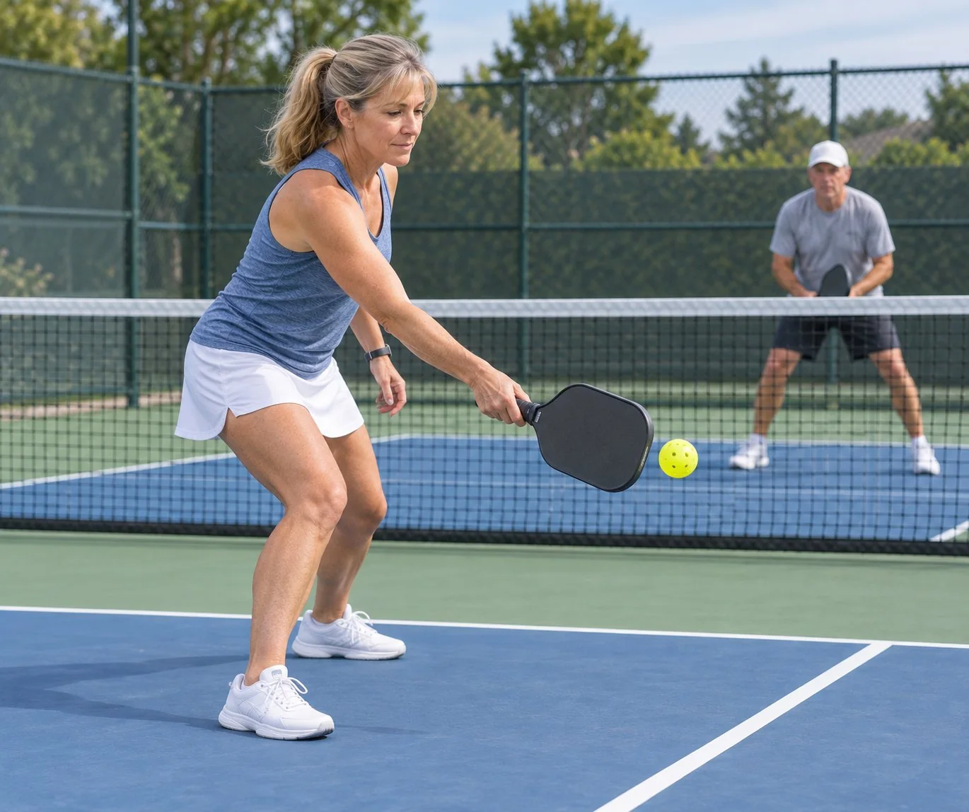 Technical diagram of the early apex, descending ball path, and kitchen target for a pickleball drop
