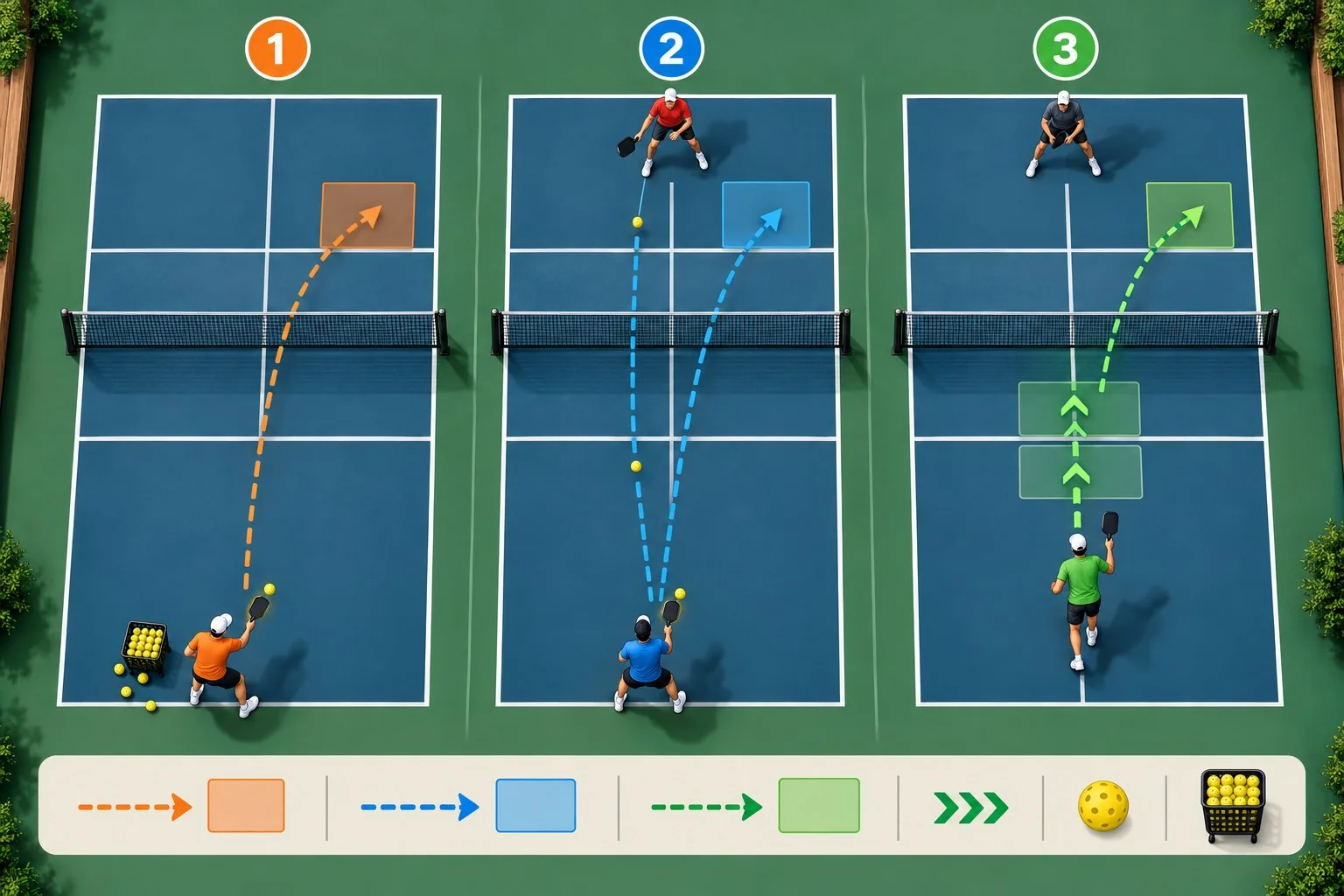 Close-up instructional pickleball technique scene showing balanced contact in front during a third-shot drop