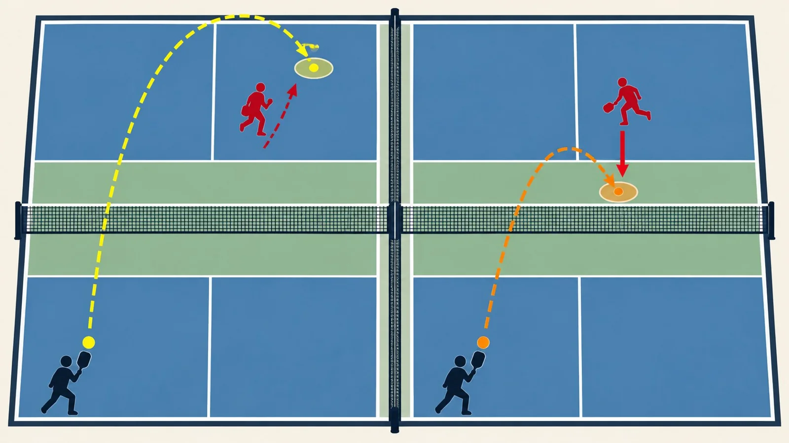 Comparación de un globo profundo y un globo corto de riesgo en pickleball