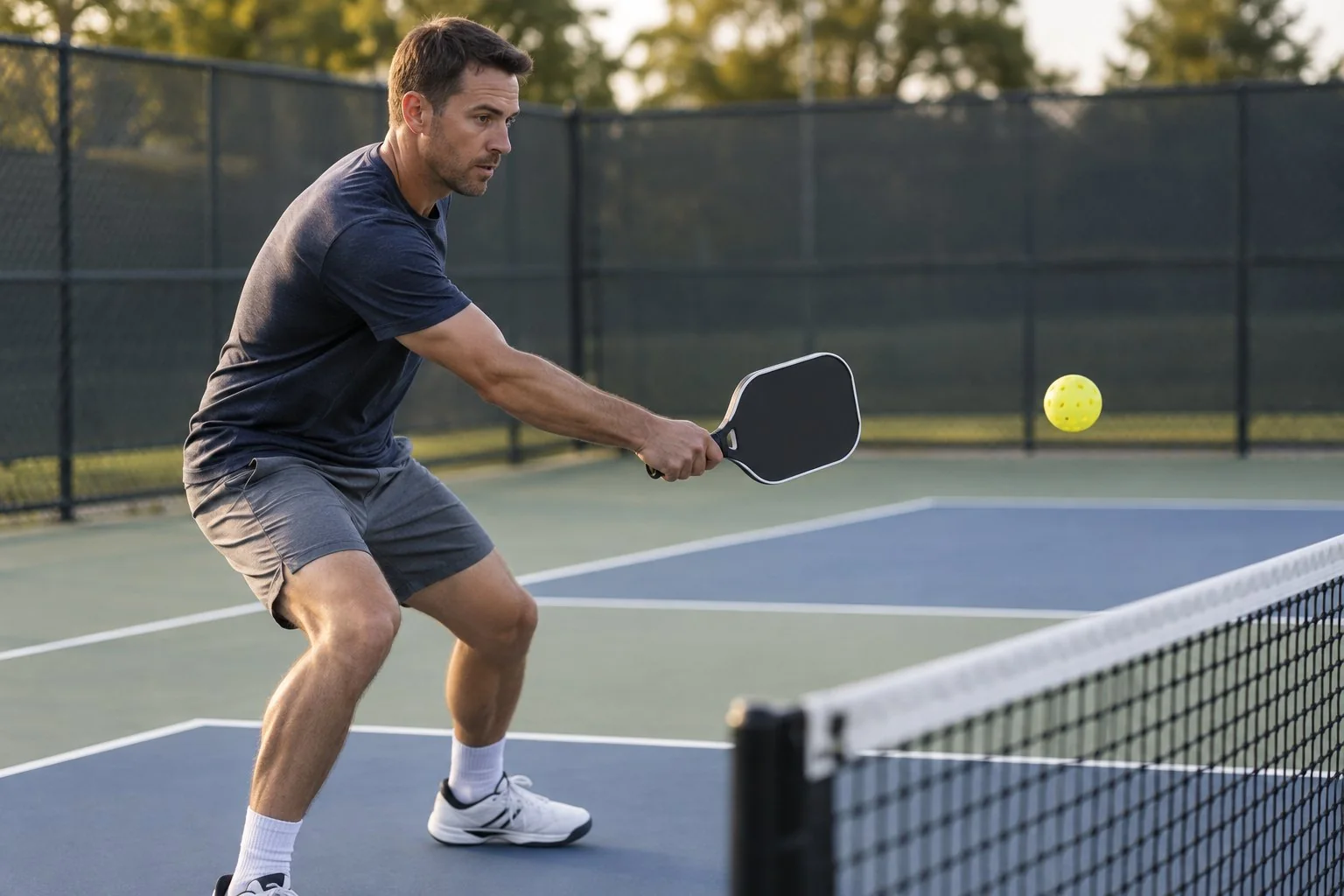 Joueur de pickleball preparant une frappe contrôlee avec une raquette maniable