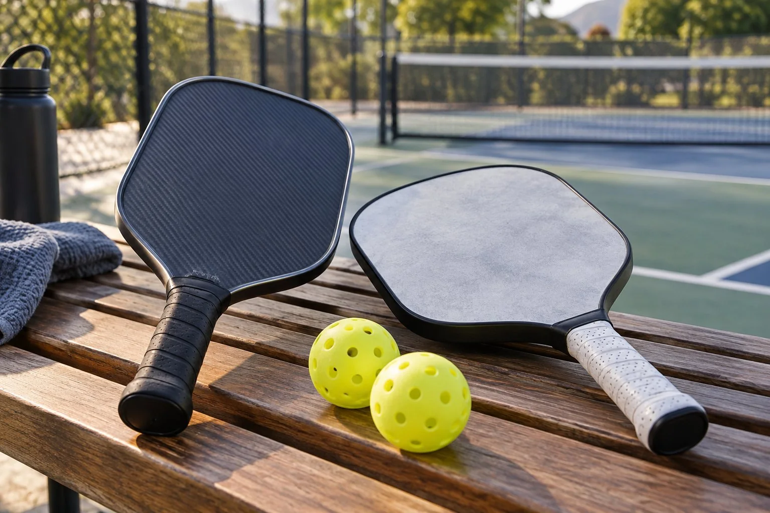 Deux raquettes de pickleball comparees sur un banc près du court