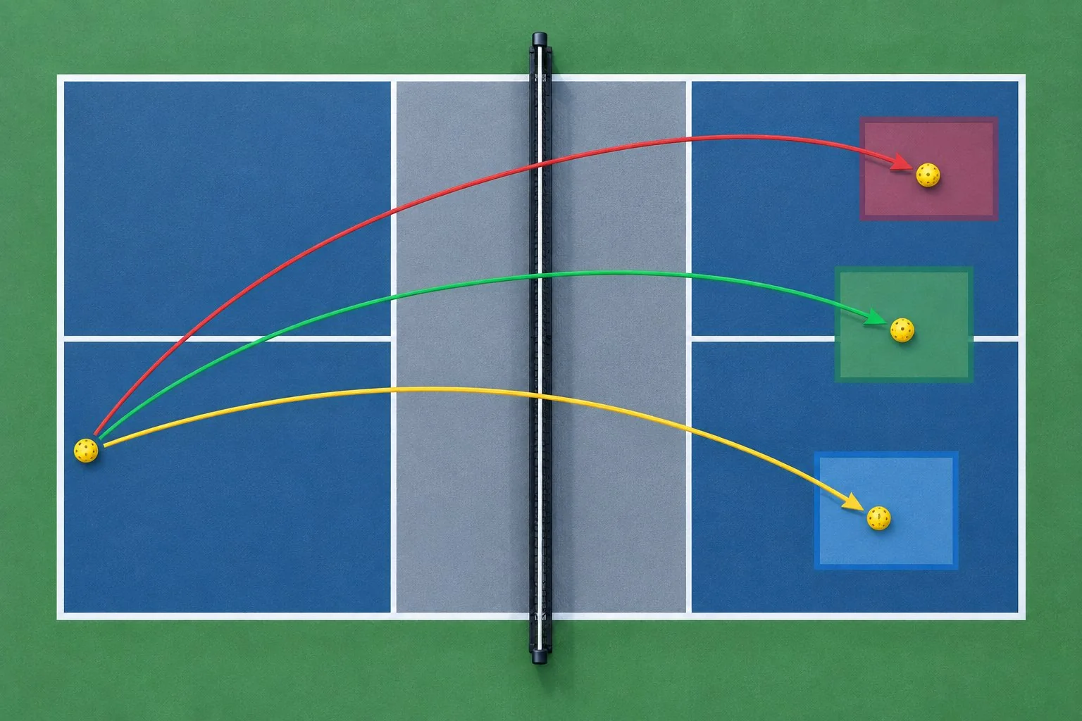 Overhead pickleball serve-placement diagram with target zones and third-shot path