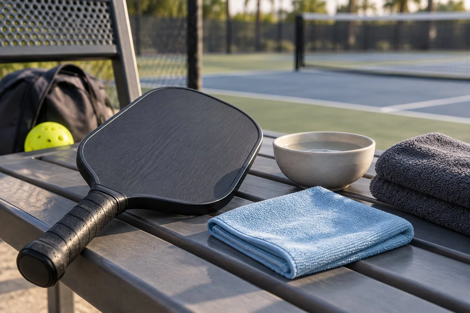 Microfiber cloth, water, and an unbranded pickleball paddle arranged for cleaning