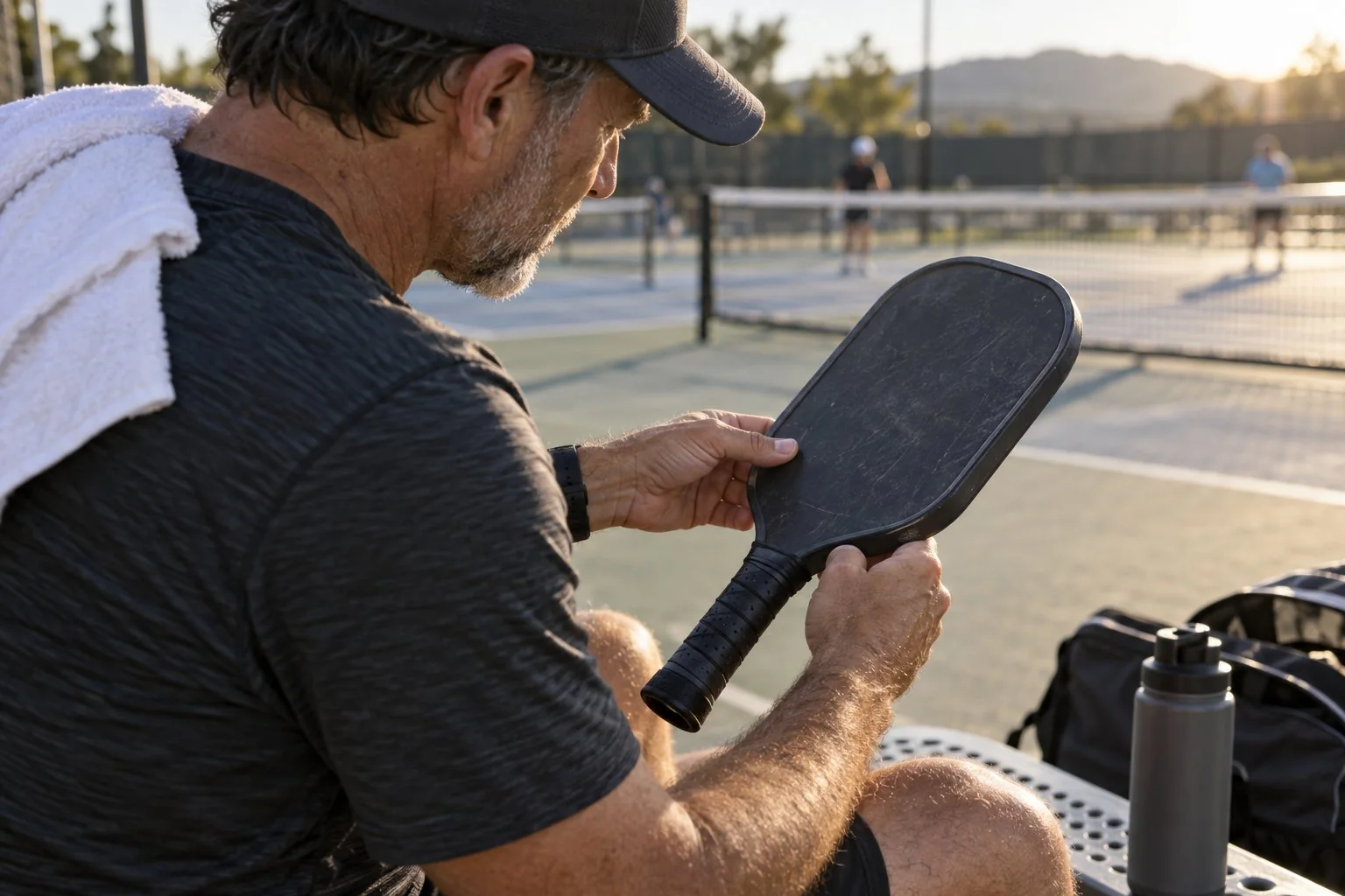 Player checking the edge guard and grip of a pickleball paddle after play