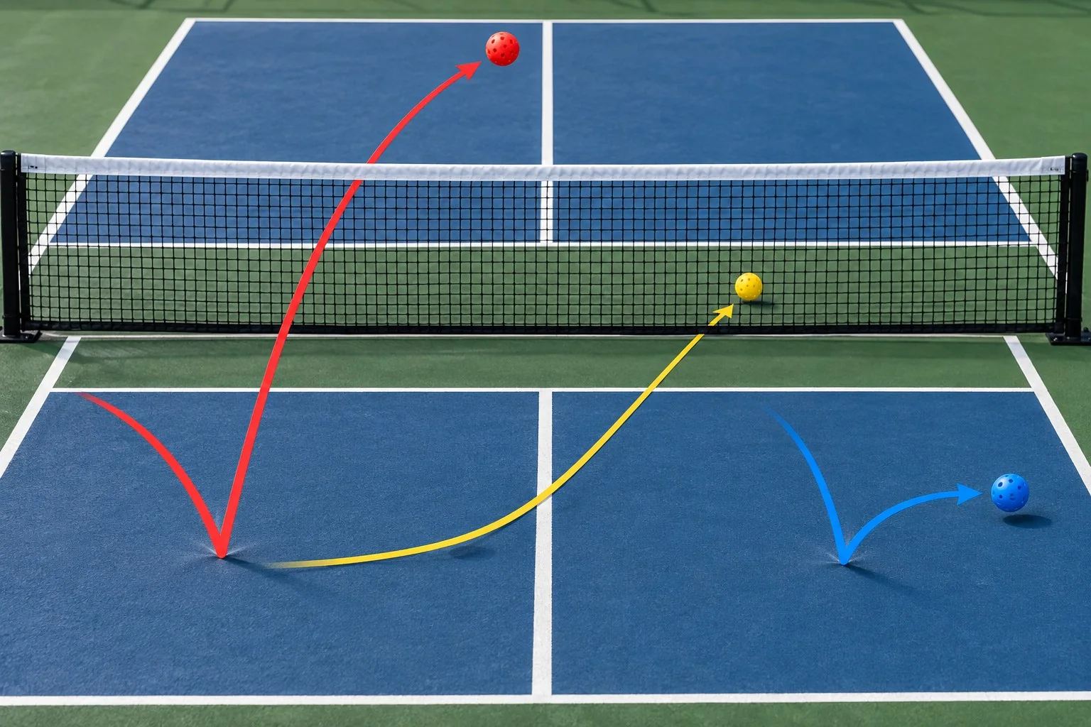 Sơ đồ ba quỹ đạo topspin, slice và sidespin trên sân pickleball