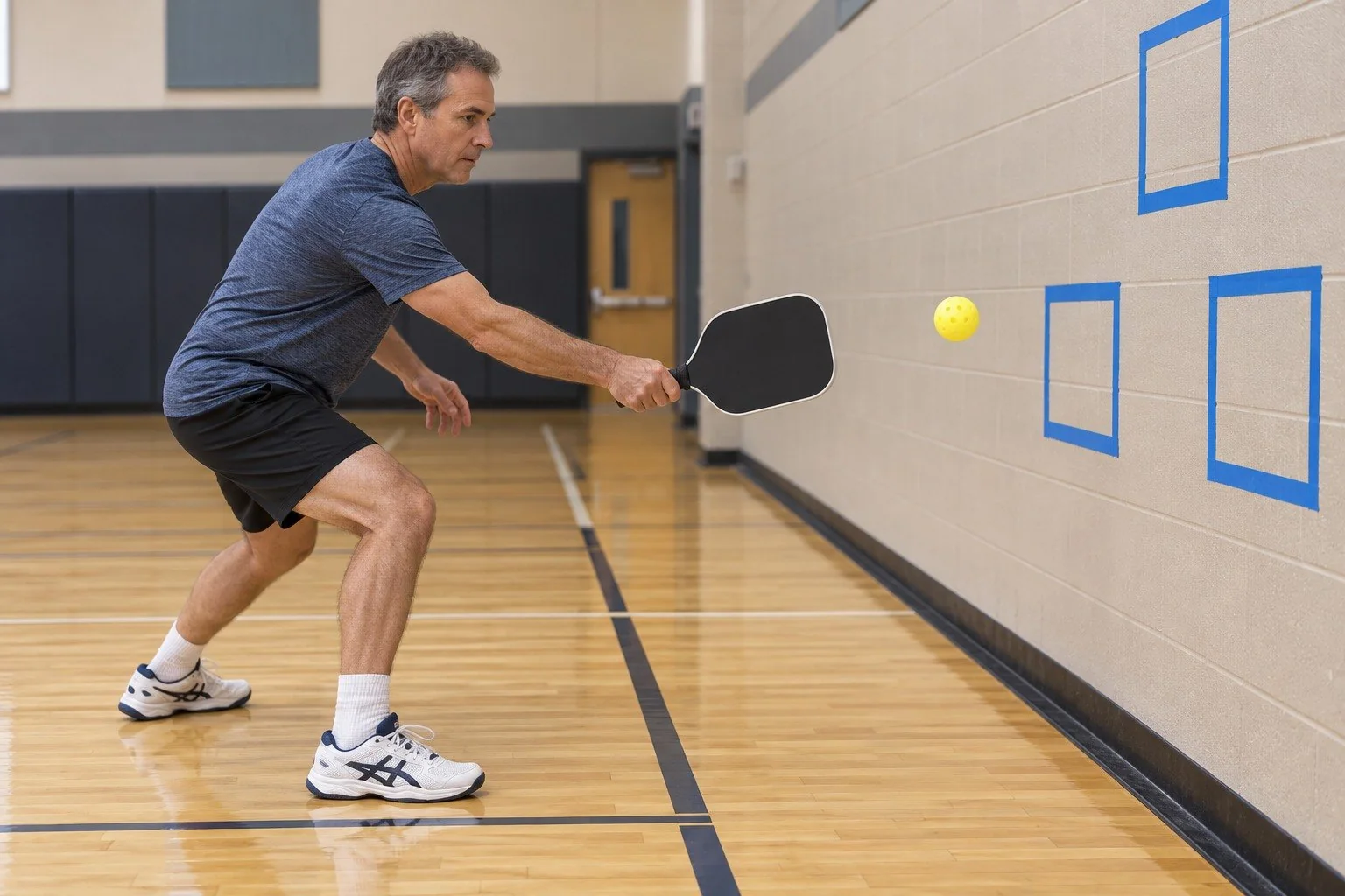 Player performing a controlled solo pickleball dink toward a marked target