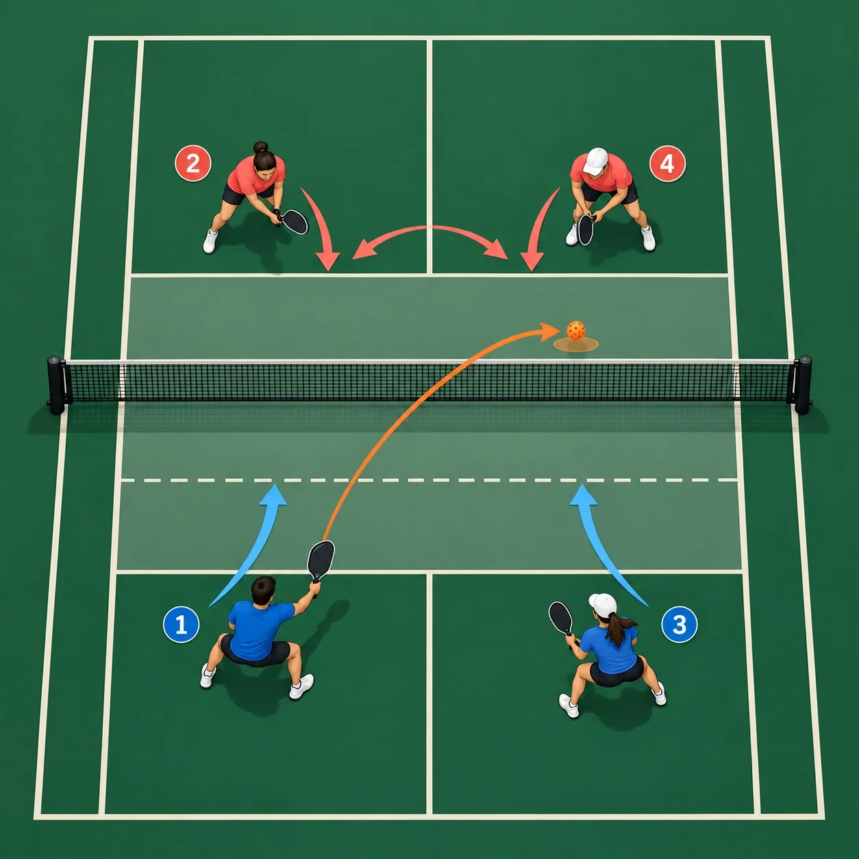 Diagrama de recuperação após o bloqueio de backhand, mostrando alvo baixo, retorno à linha da cozinha e cobertura do meio