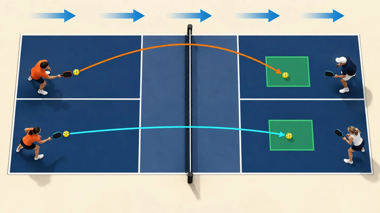 Overhead pickleball court diagram showing wind, ball paths, and safe target zones