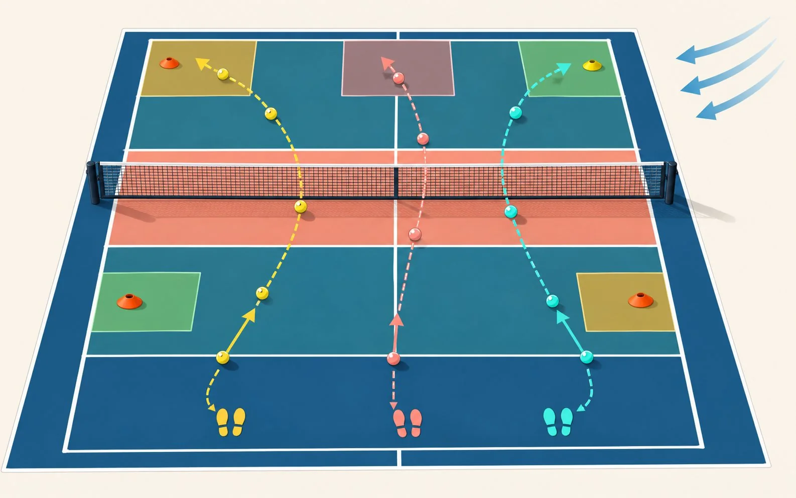 Instructional pickleball close-up showing stable contact, wind arrows, and an inside target