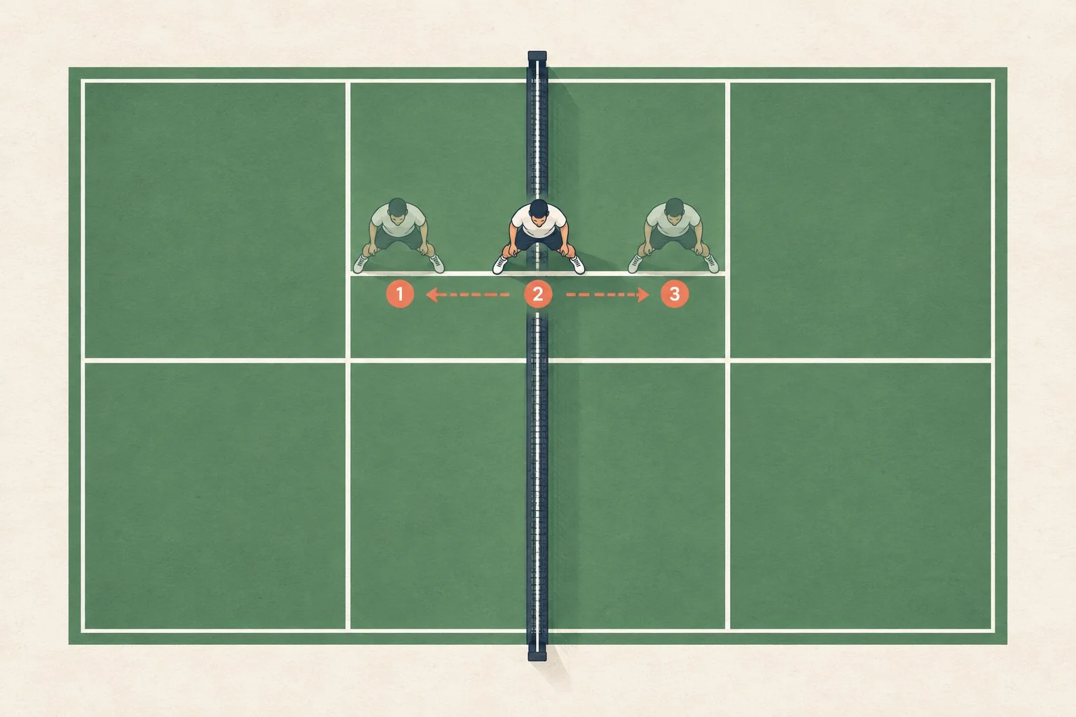 Overhead pickleball court showing balanced lateral shuffle-step footwork