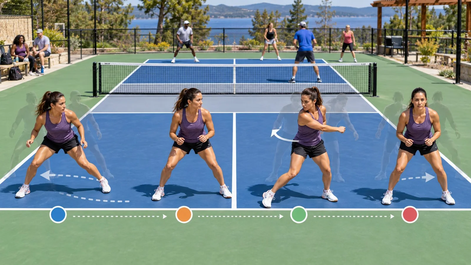 Pickleball footwork sequence showing stop, shadow stroke, and recovery