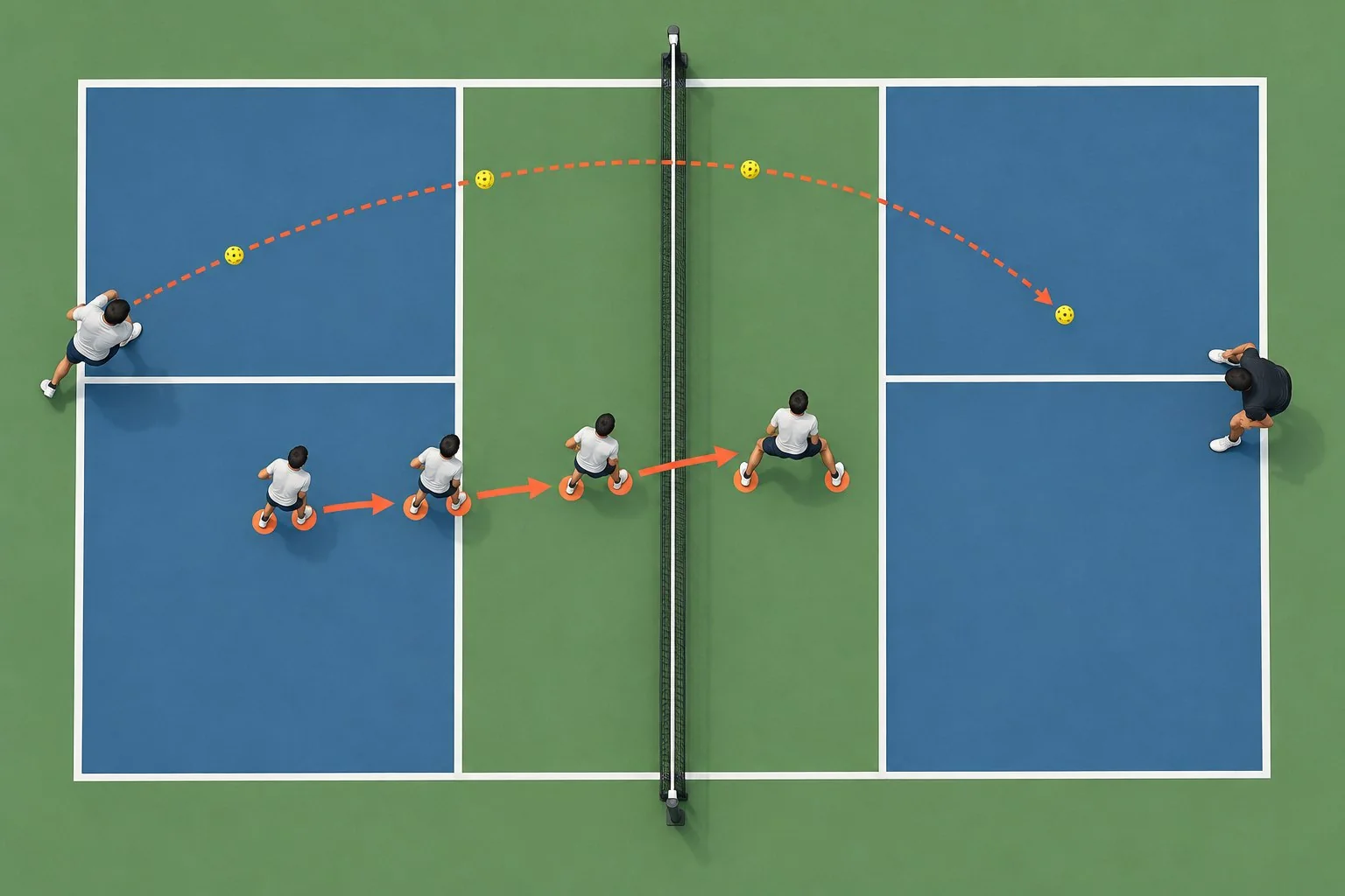Overhead pickleball court showing split-step landing markers and ready positions