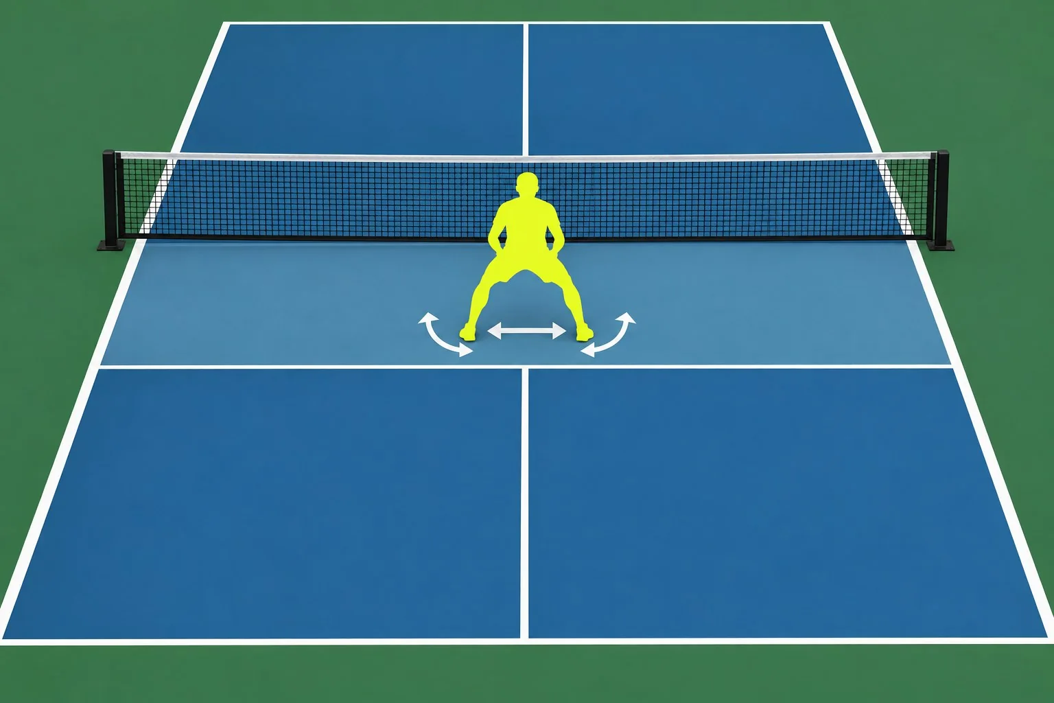 Overhead pickleball court showing a low balanced kitchen stance