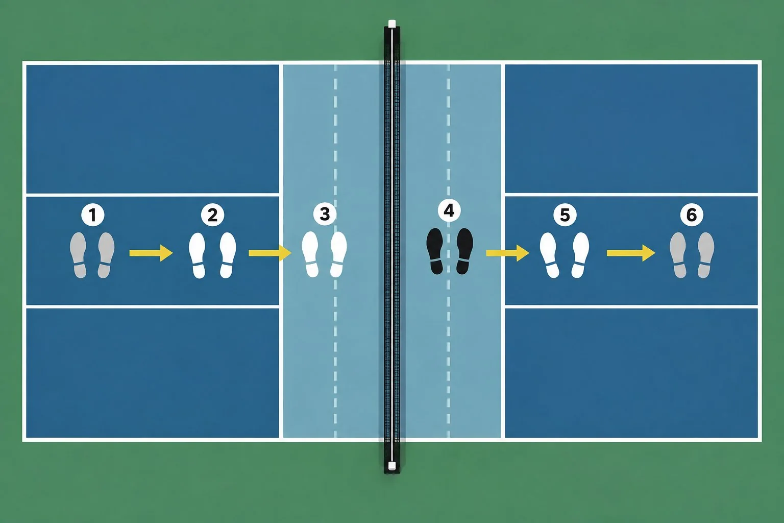 Pickleball practice diagram showing shuffle, stop, volley, and recovery positions