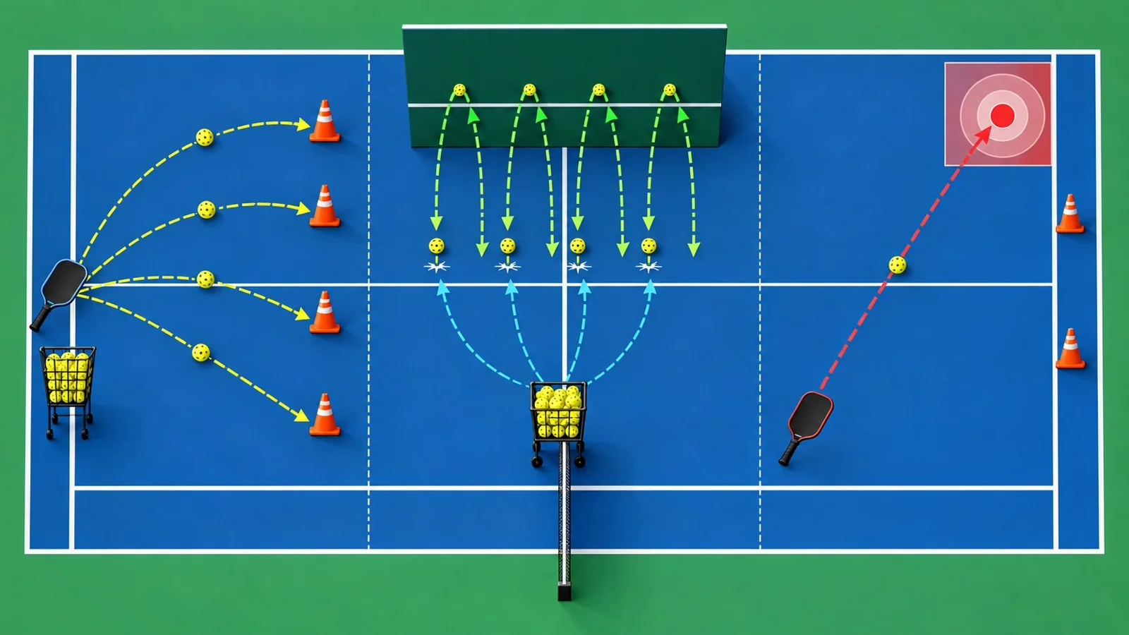 Sơ đồ ba bài tập forehand drive với vùng đích sâu và đường bóng chéo sân