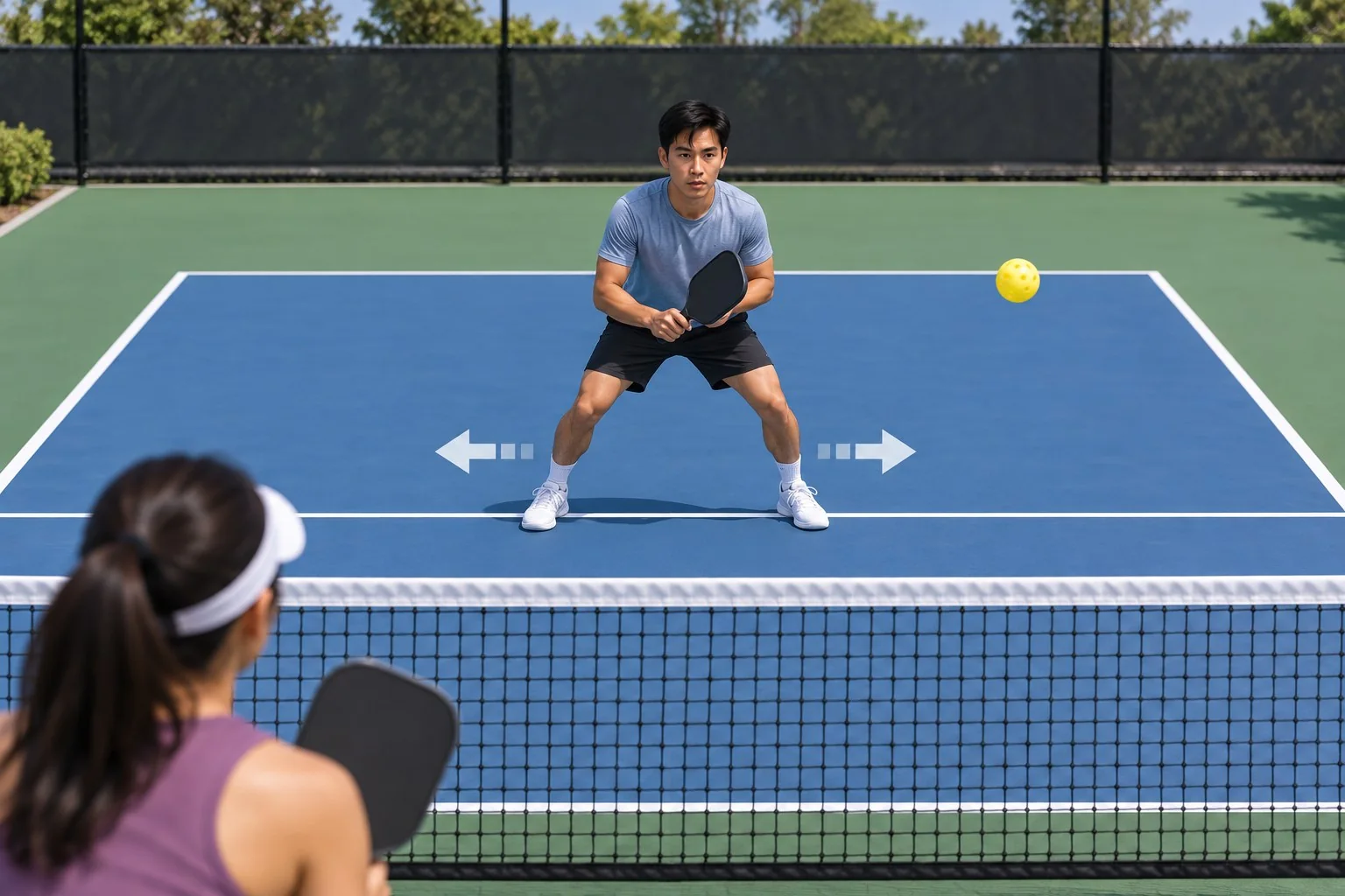 Sơ đồ tư thế thấp và split step trên sân pickleball
