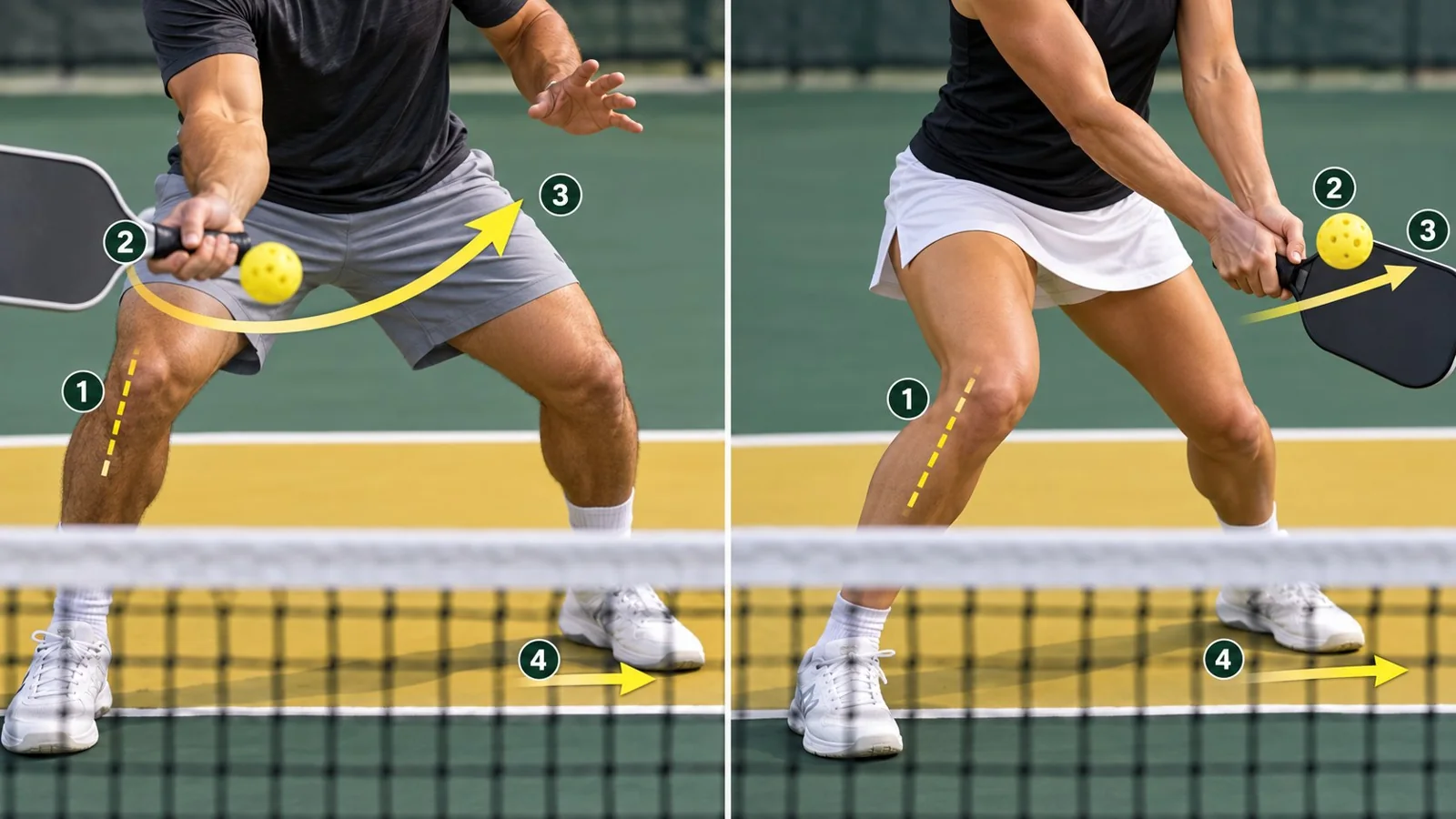 Overhead coaching diagram of a forehand roll volley with a dipping target path