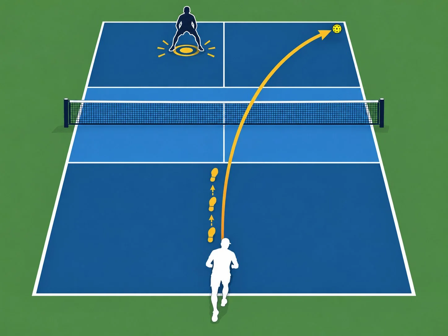 Overhead pickleball court showing a deep return and forward route to the kitchen