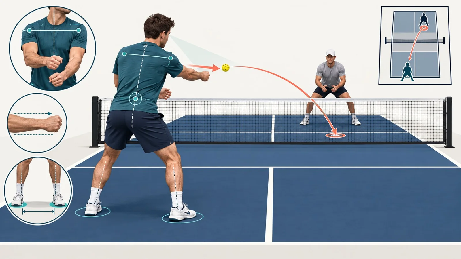 Coaching diagram showing square shoulders, stable wrist alignment, and a compact forward punch
