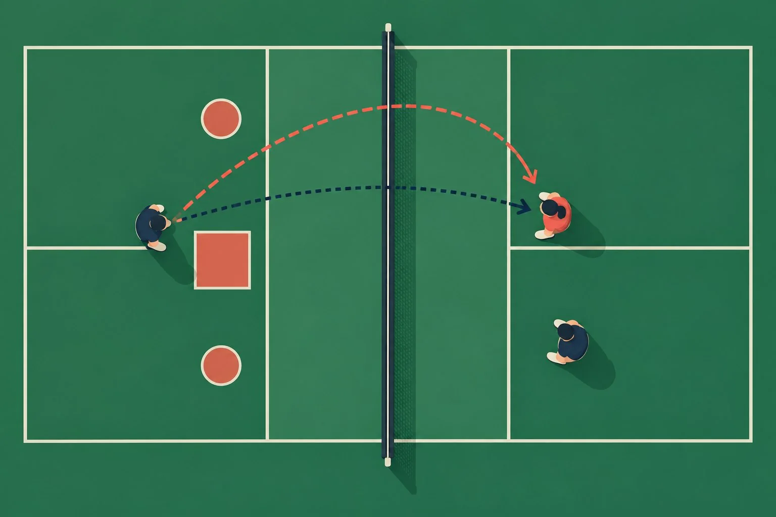 Overhead practice diagram showing kitchen-line feeds, foot targets, and recovery positions