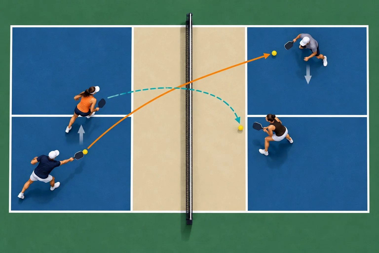 Overhead strategy diagram showing a third-shot drive followed by a fifth-shot drop