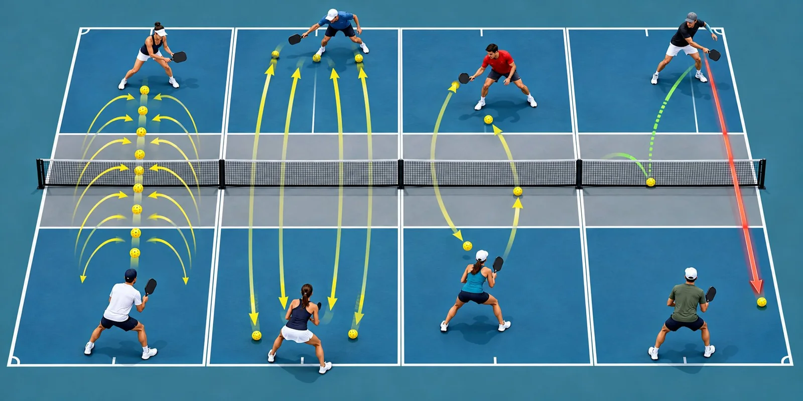 Sequência visual de exercícios de queda no pickleball, do meio da quadra à decisão sob pressão