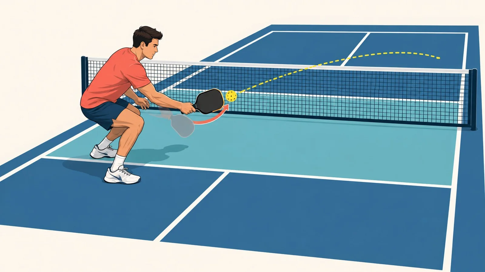 Pickleball coaching diagram showing knee-based posture and contact in front of the lead hip