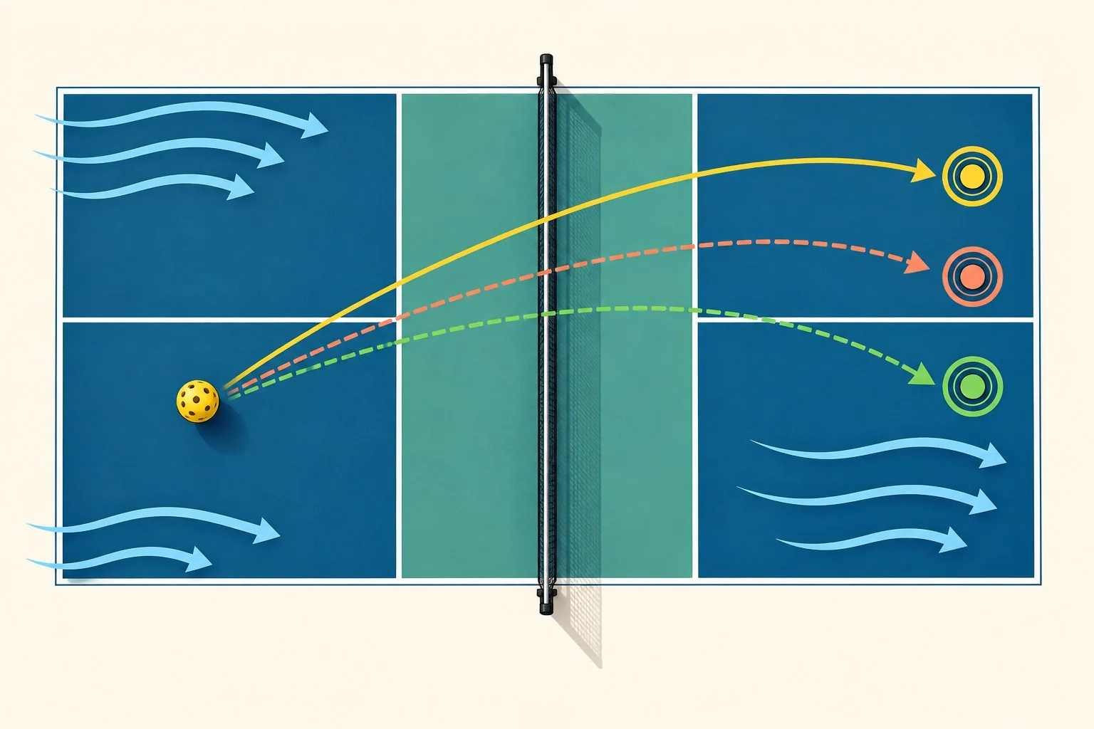 Diagrama aéreo de alvos profundos, backhand e ajuste ao vento no saque