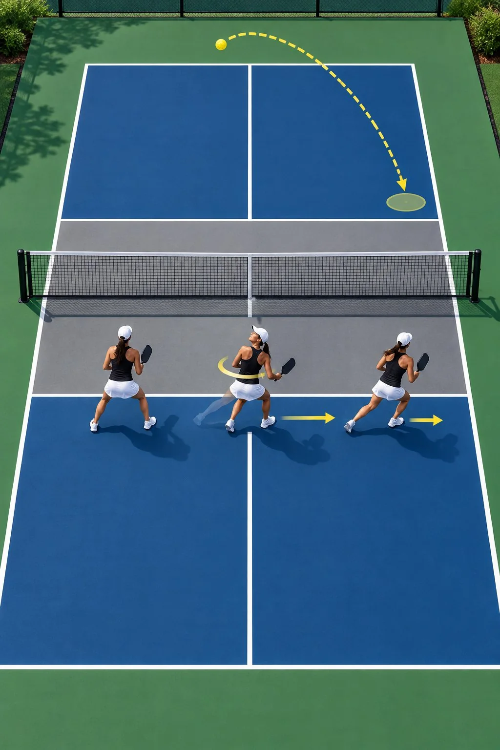 Instructional overhead diagram of the open-door turn and lateral lob tracking