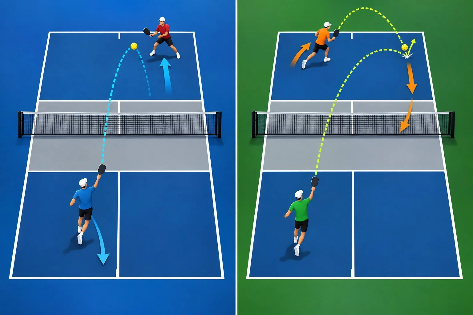 Pickleball diagram comparing a controlled mid-court overhead with a deep-lob bounce recovery