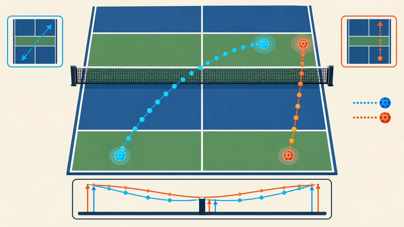 Overhead diagram comparing the diagonal cross-court path with the shorter down-the-line path