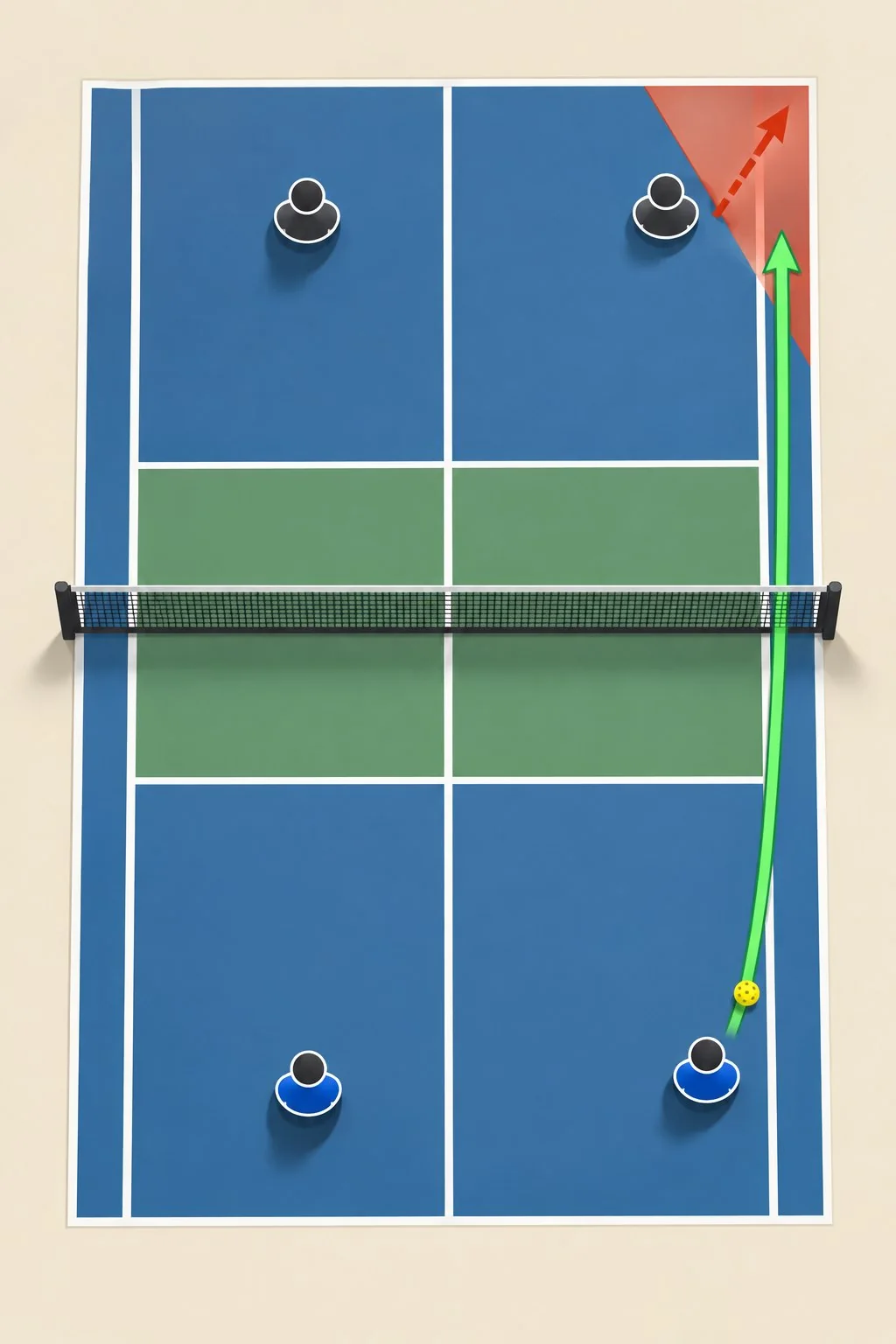 Overhead decision diagram showing a wide opponent, a down-the-line redirect, and the sideline Erne risk