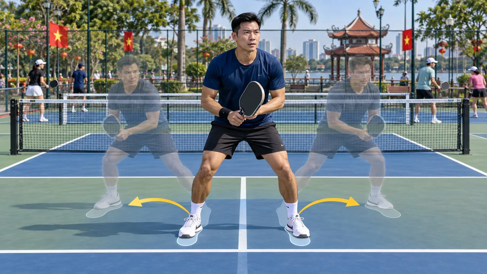 Cận cảnh tư thế hạ chân, gối mềm và vợt ở trước thân