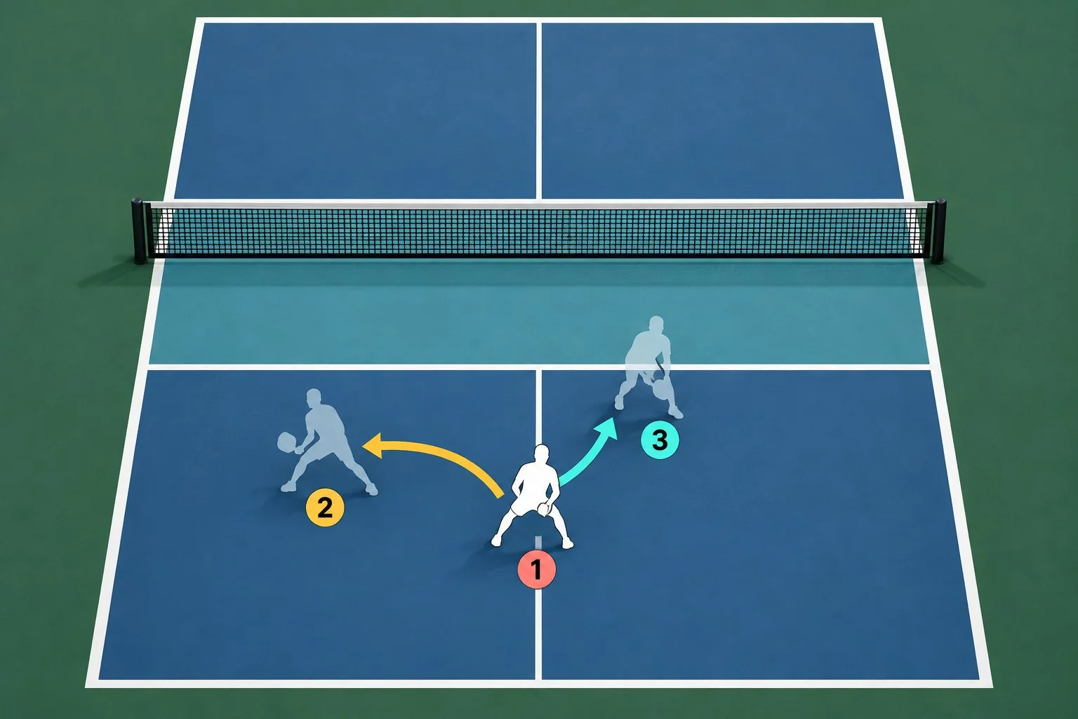 Sơ đồ bài tập shadow đổi hướng và hồi vị trên sân pickleball