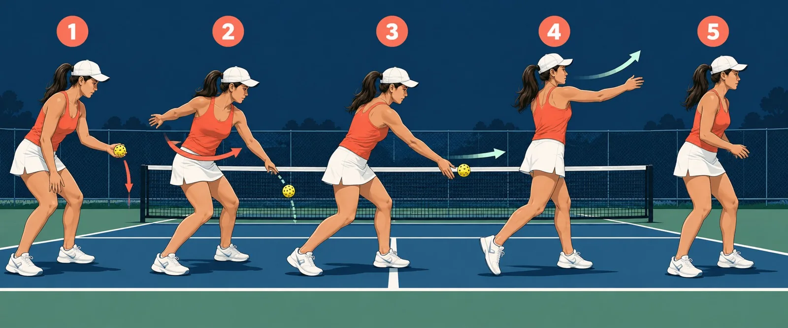 Side-view coaching sequence of serve load, contact, complete follow-through, and ready recovery