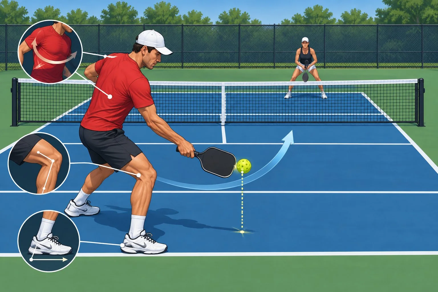Pickleball coaching diagram showing bent knees, low-to-high swing, and contact out in front