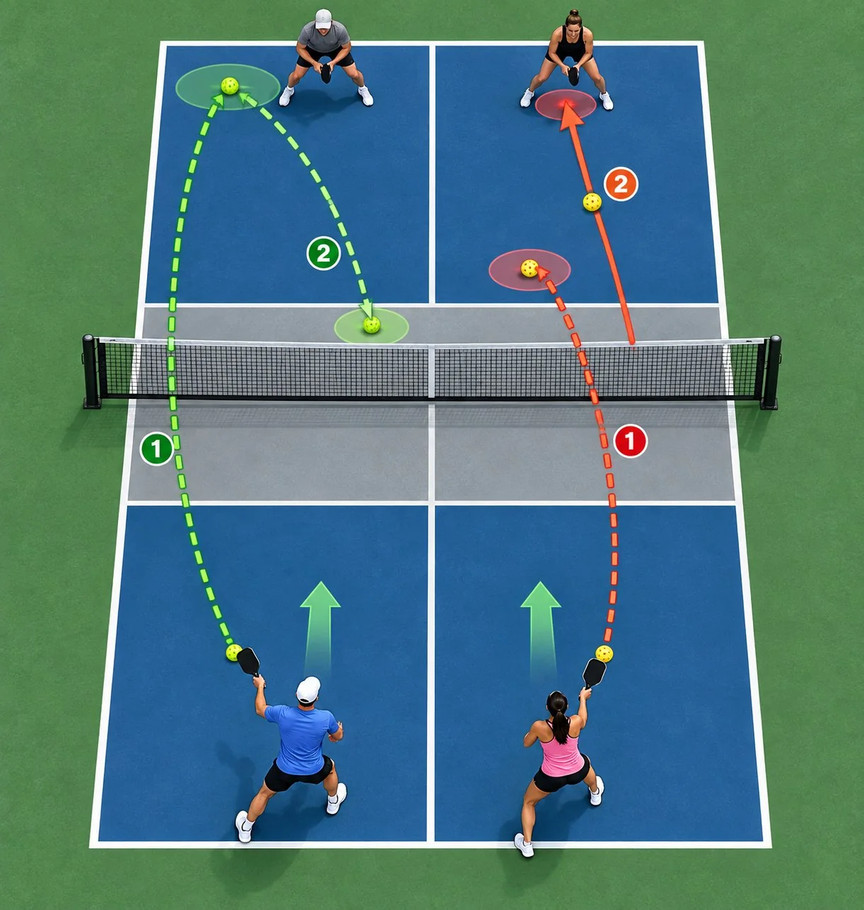 Overhead decision diagram contrasting a soft third-shot drop on a deep return with a drive on a short high return