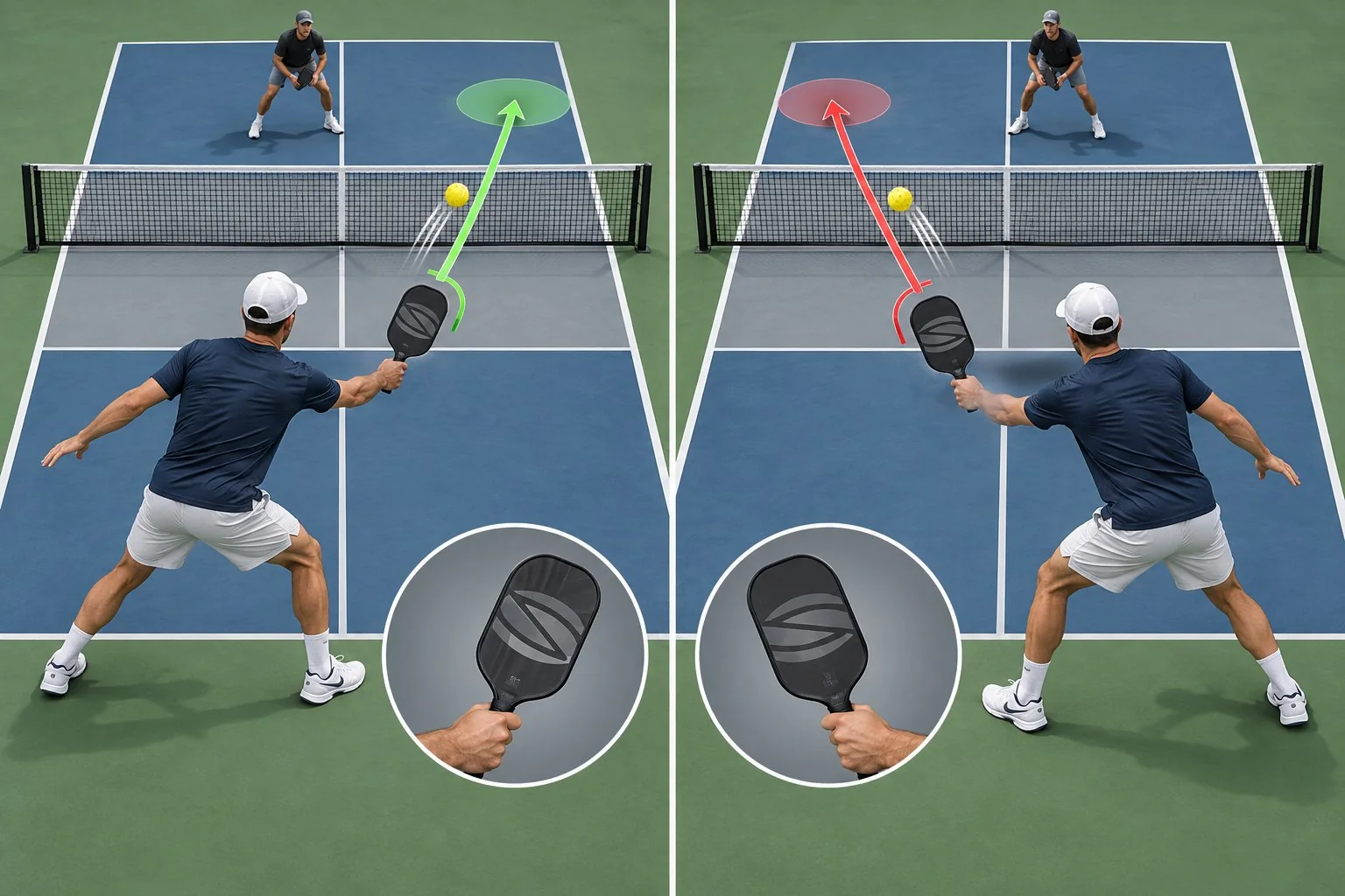 Primer plano técnico de una mano relajada sosteniendo una pala de pickleball con empuñadura continental