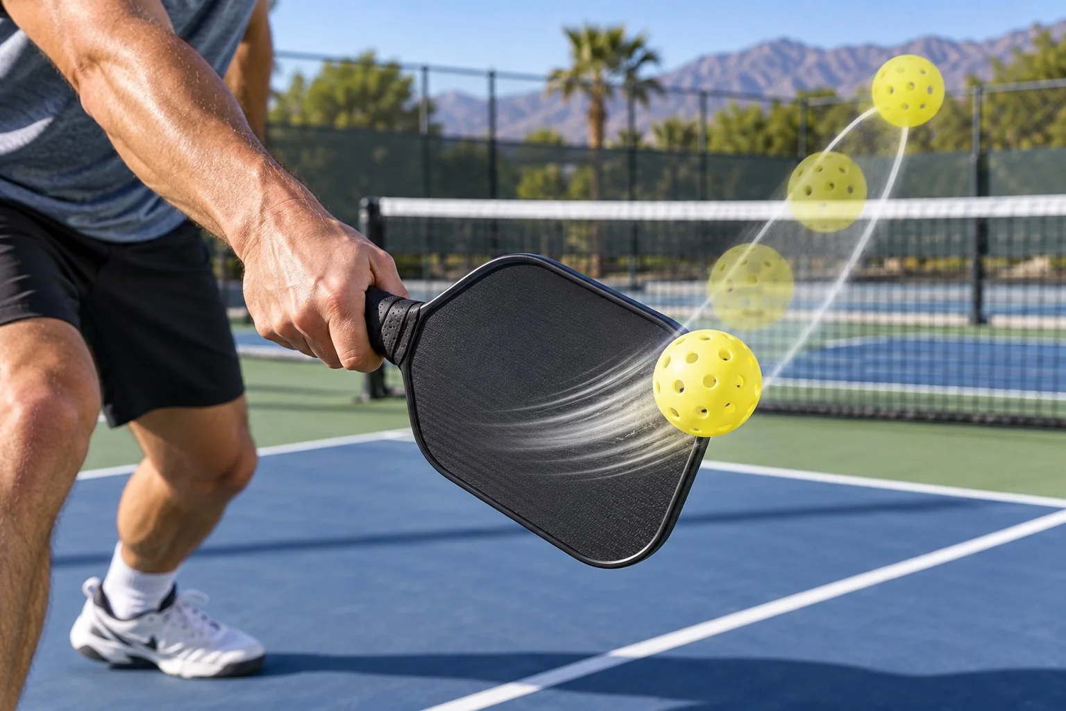 Cận cảnh đường vung thấp lên cao để tạo xoáy lên trên bóng pickleball
