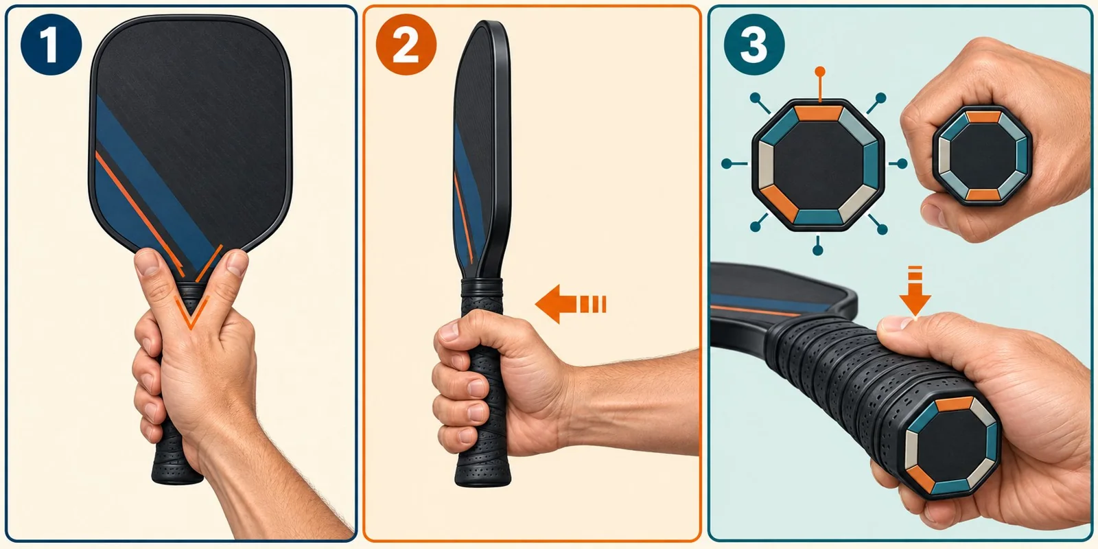 Continental grip coaching diagram showing the handshake method and hammer-like handle position