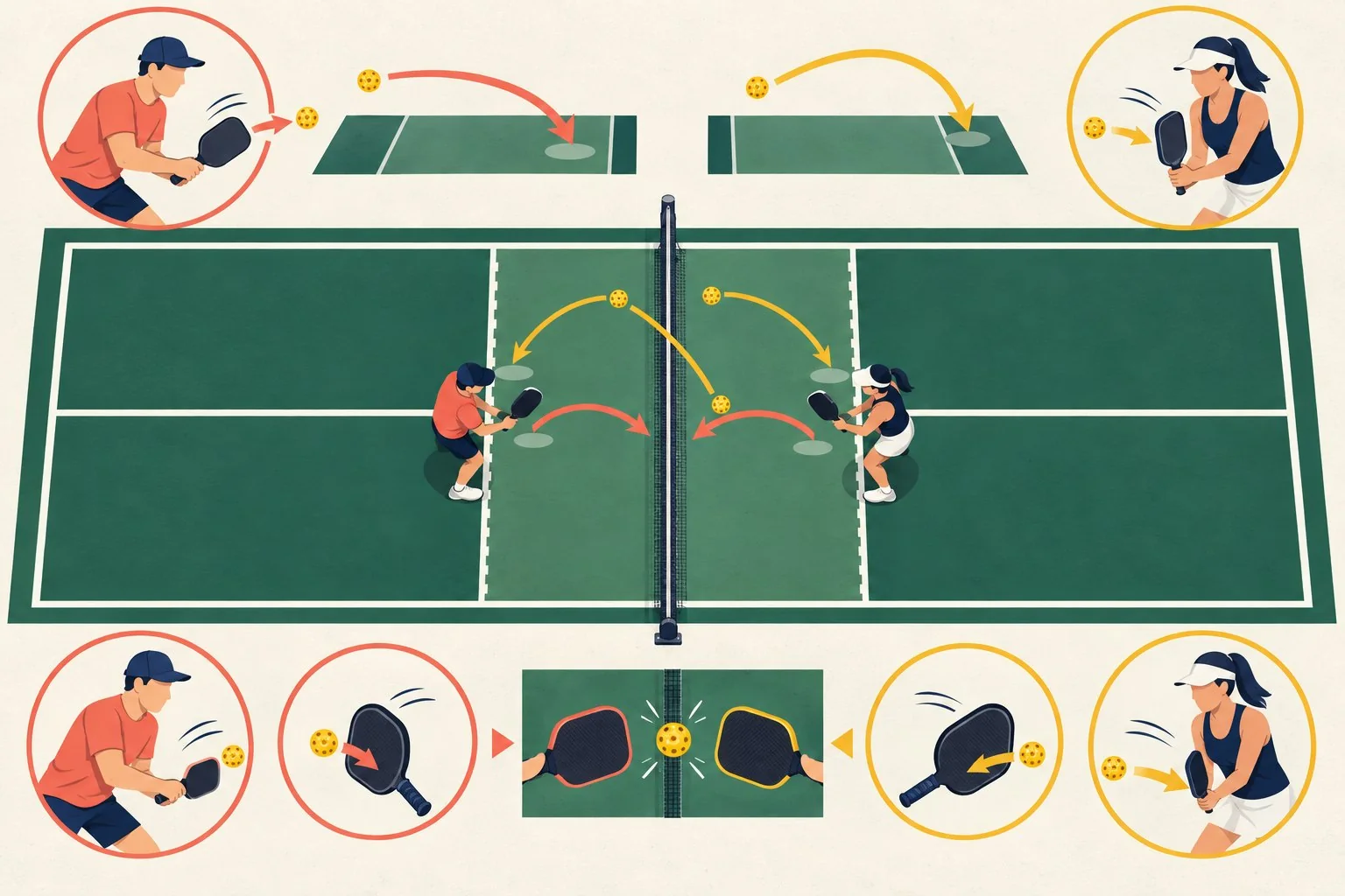 Kitchen-line coaching diagram showing a neutral paddle position, forehand and backhand blocks, and soft ball paths