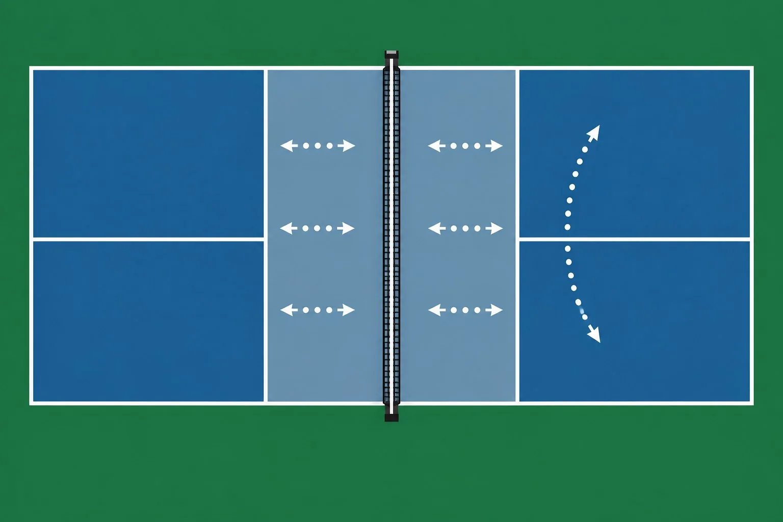 Overhead pickleball footwork diagram showing split-step timing, transition movement, and kitchen arrival