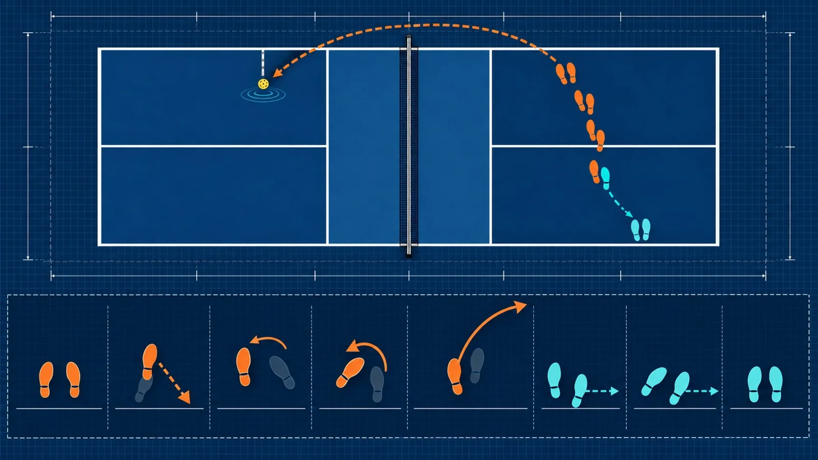 Overhead pickleball kitchen-footwork diagram comparing shuffle steps and a wider crossover path