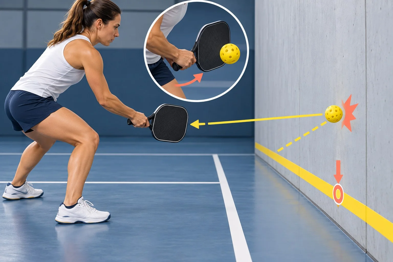 Close technical pickleball wall-dink drill with low rebound and compact contact